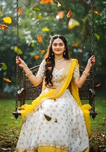 Festive Indian Portrait of Young Woman on Wooden Swing with Falling Autumn Leaves
