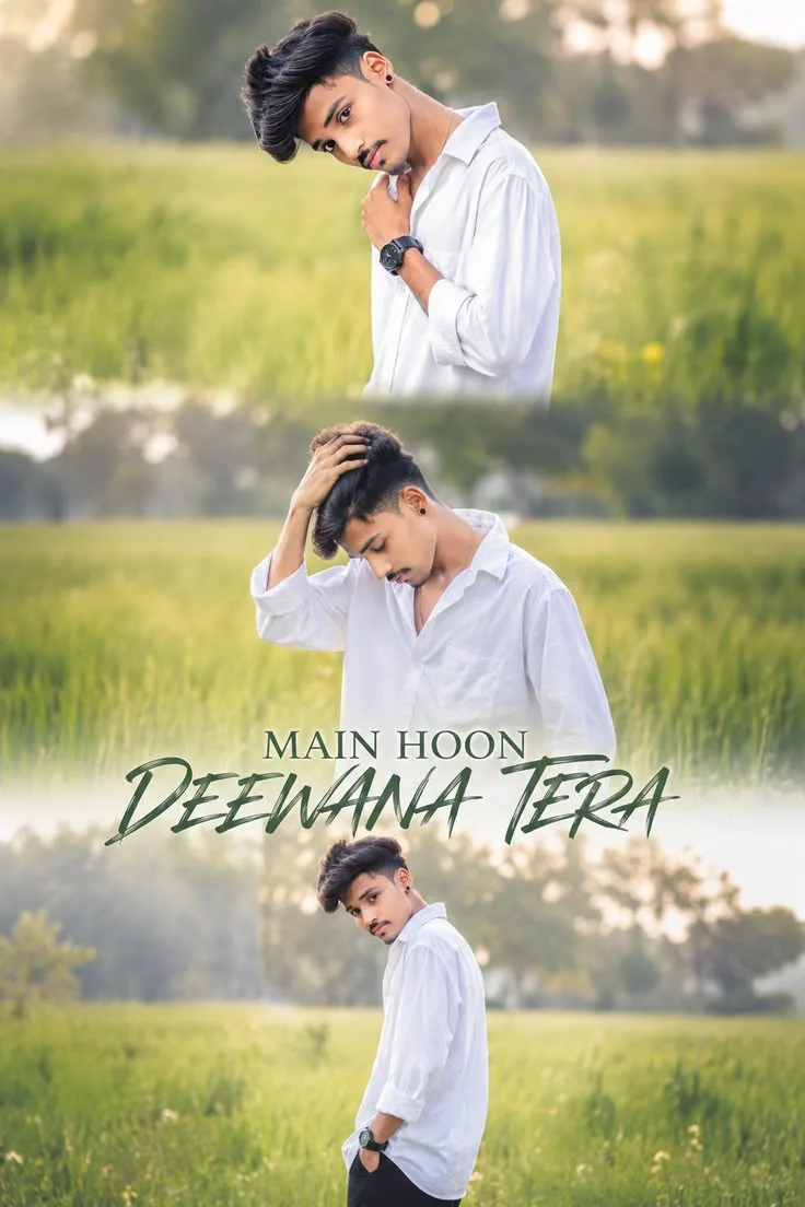 Candid Young Man in White Button-Down Shirt in Lush Green Grass Field Triptych