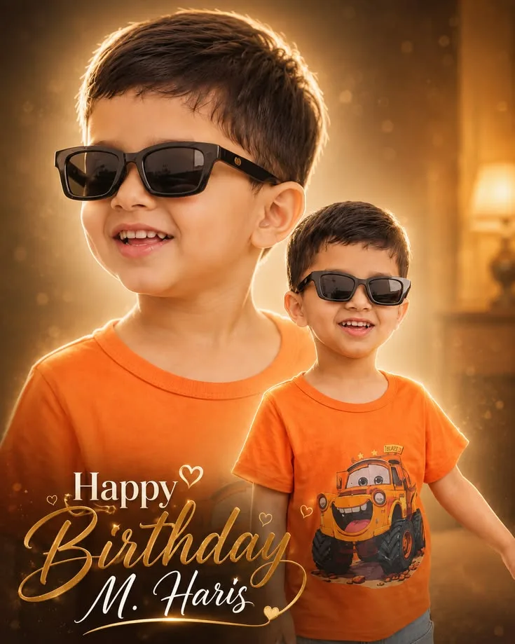 Festive Double-Exposure Birthday Portrait of Happy Young Boy in Sunglasses and Orange T-Shirt