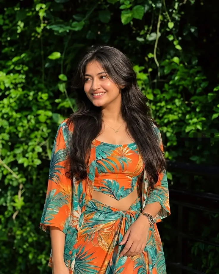 Candid Sunlit Garden Portrait of Young Indian Woman in Tropical Co-ord Set