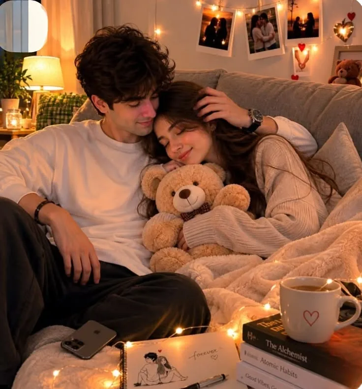 Cozy Indoor Portrait of Young Couple Cuddling on Sofa with Fairy Lights and Teddy Bear