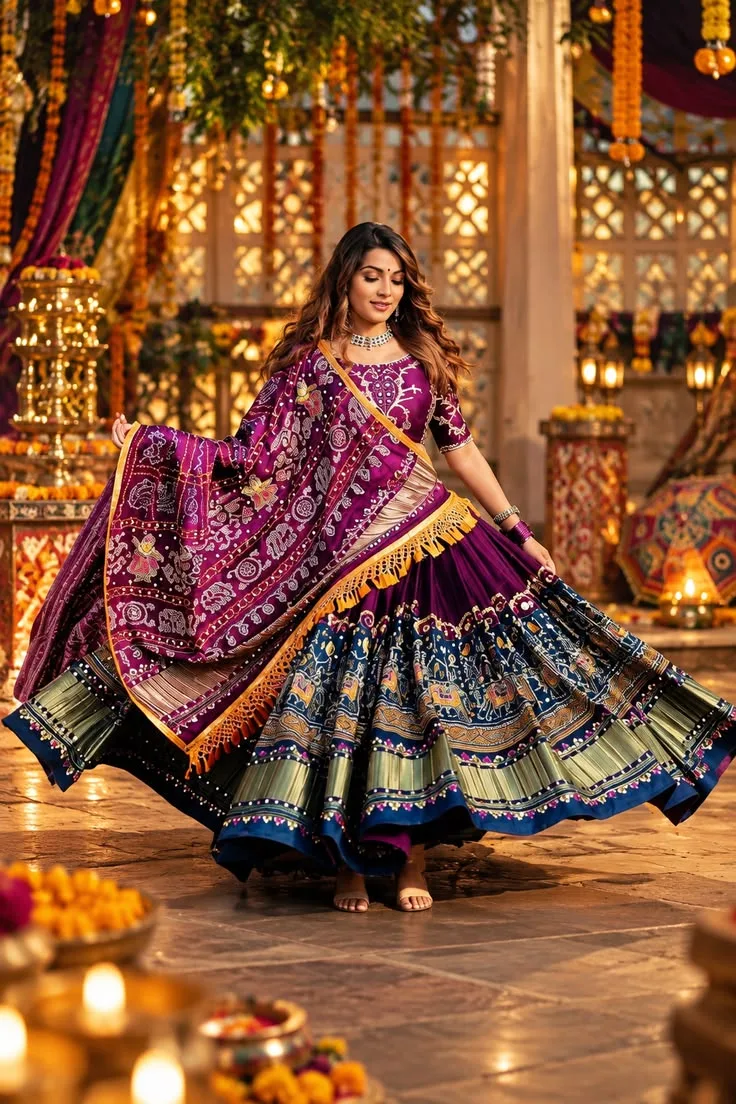 Festive Navratri Garba Portrait of Woman Spinning in Purple and Navy Patola Lehenga