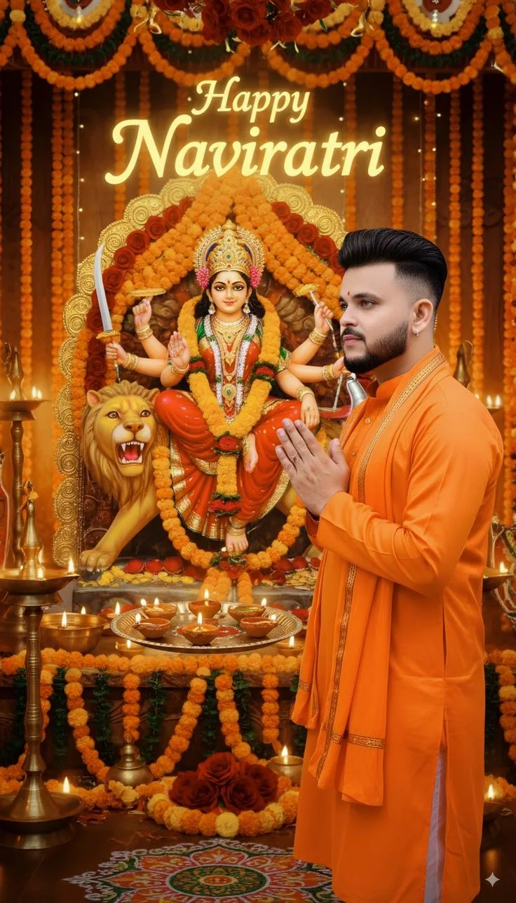 Devotional Navratri Portrait of Young Devotee in Orange Kurta in Namaste Pose Before Maa Durga Idol