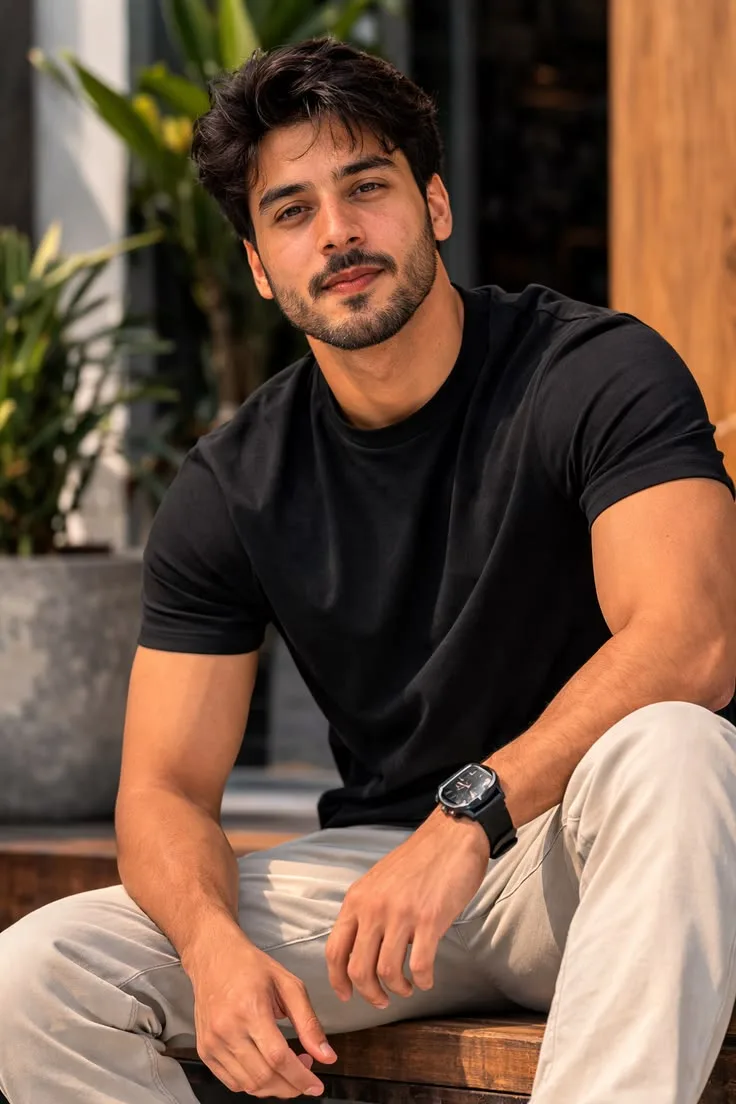 Candid Handsome Young Man in Black T-Shirt Seated on Wooden Bench Outdoors