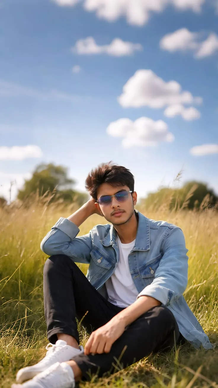Candid Young Man in Denim Jacket and Sunglasses Sitting in Grassy Meadow