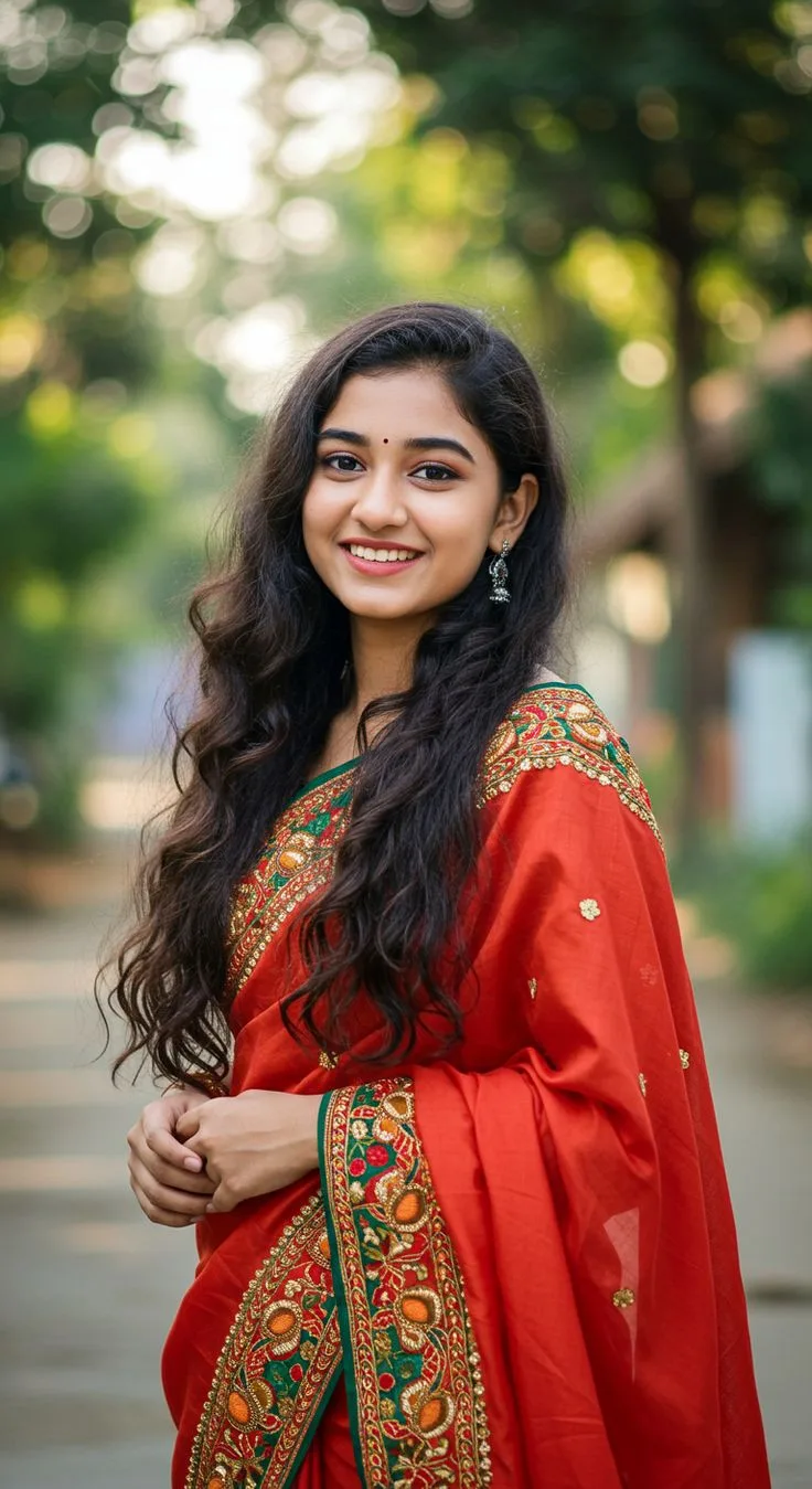 Festive Indian Outdoor Portrait of Smiling Young Woman in Crimson Embroidered Saree