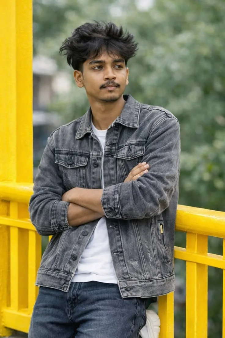 Candid Young Man in Washed Black Denim Jacket Leaning on Yellow Bridge Railing