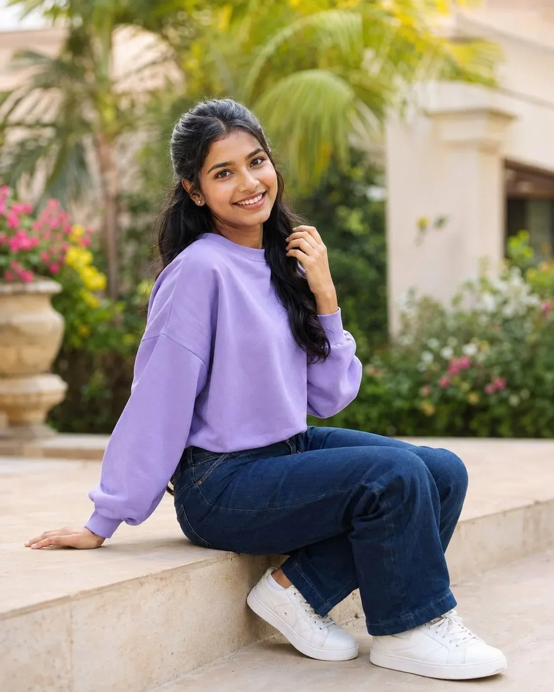 Candid Outdoor Portrait of Smiling Indian Woman Sitting on Ledge in Lavender Sweatshirt