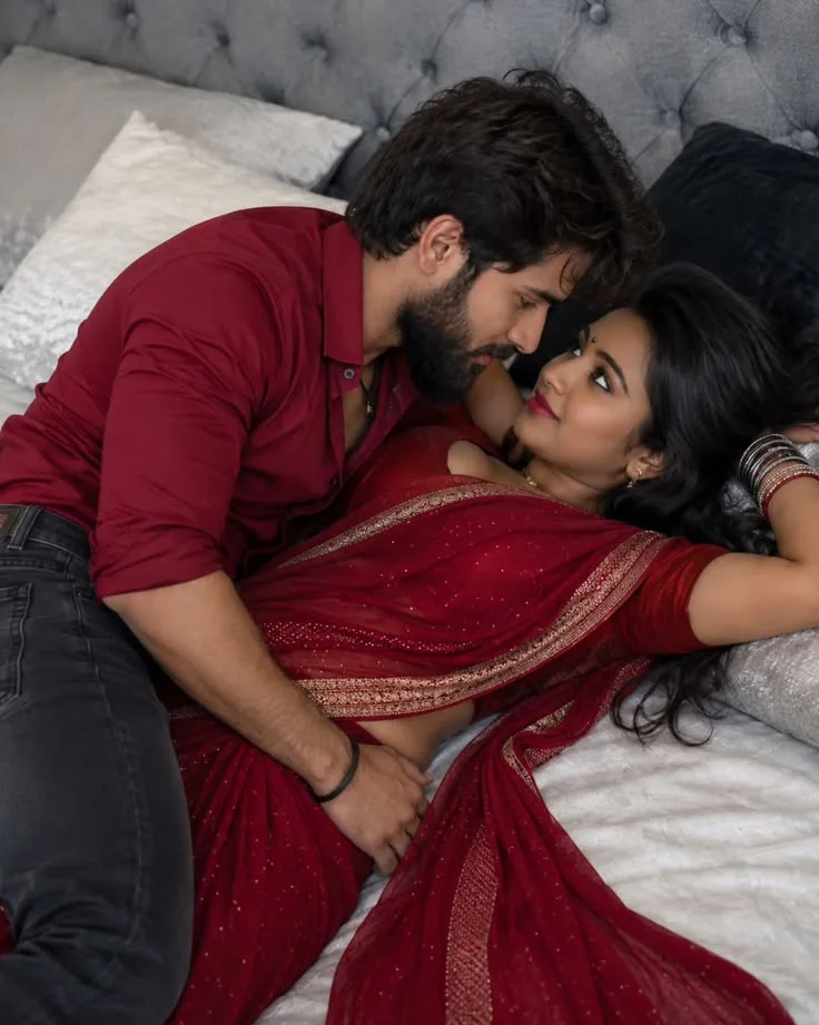 Romantic Indoor Portrait of Indian Couple on Bed in Maroon Attire