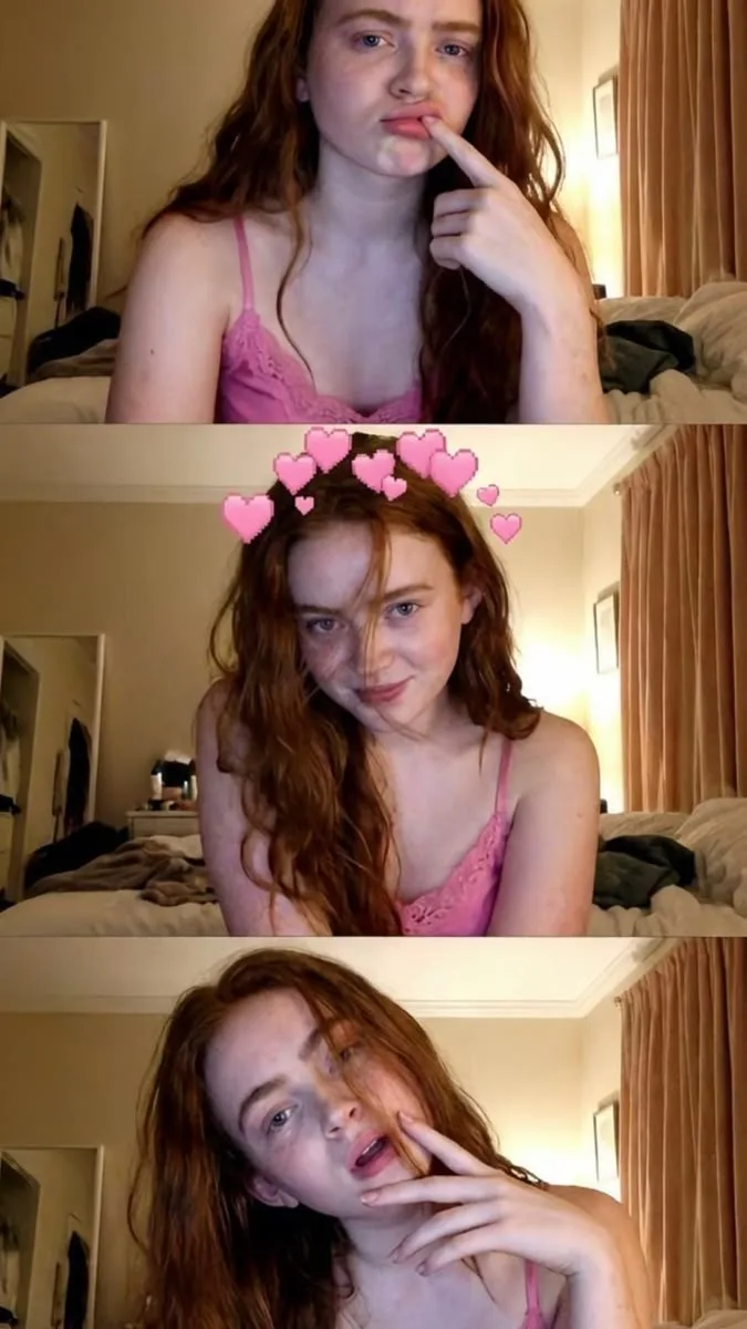 Candid Triptych Bedroom Selfie of Young Woman with Auburn Hair and Pixel Heart Filter