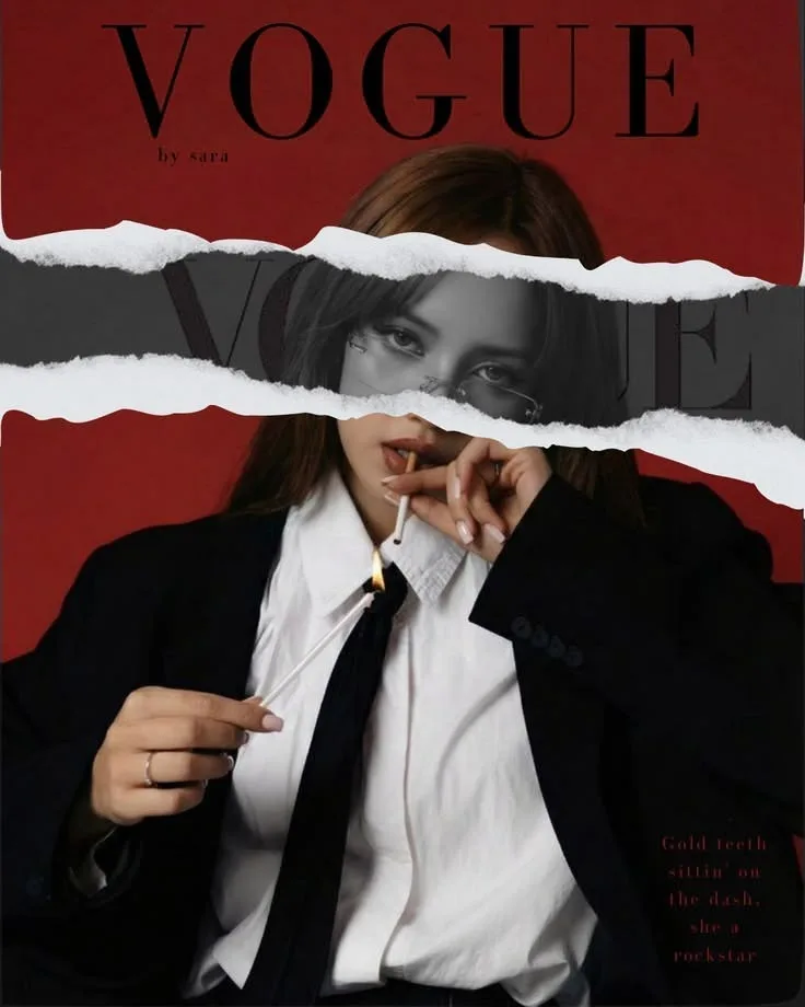 Editorial Vogue Magazine Cover Portrait with Ripped Paper Collage Effect and Lit Match