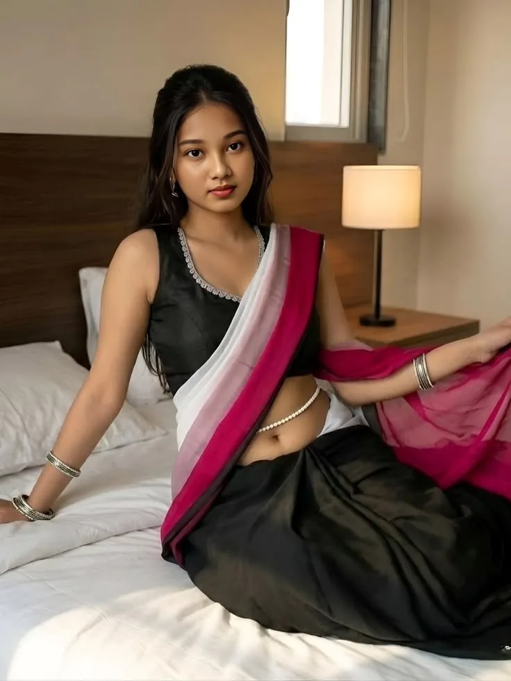 Candid Woman in Black and Magenta Saree Sitting Gracefully on Hotel Bed