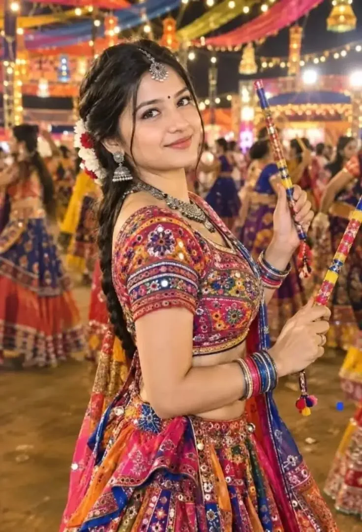 Candid Festive Portrait of Smiling Young Woman with Dandiya Sticks at Garba Night