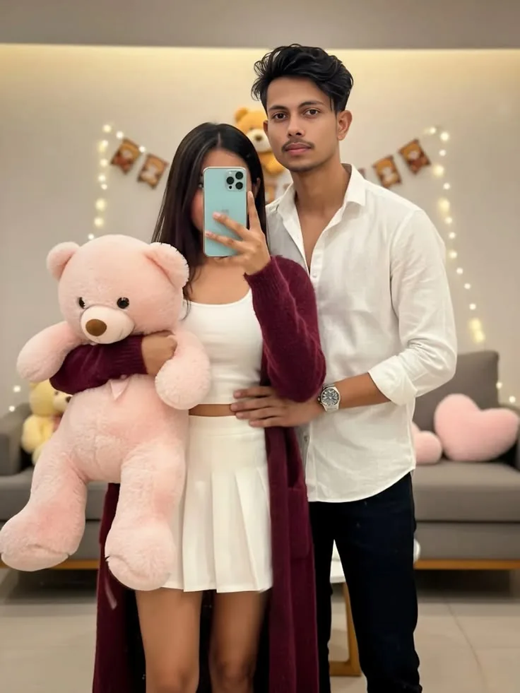 Romantic Indoor Mirror Selfie of Indian Couple with Pink Teddy Bear