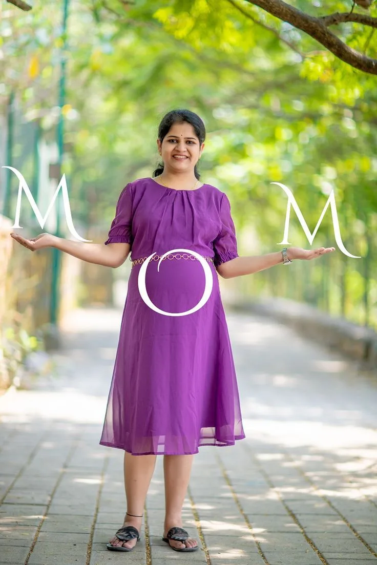 Candid Outdoor Maternity Portrait in Purple Dress with Typography