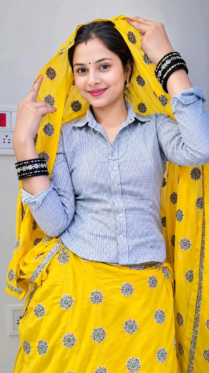 Candid Indoor Portrait of Young Indian Woman in Yellow Odhni and Shirt