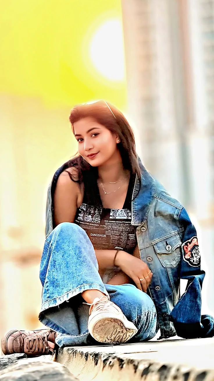 Candid Outdoor Streetwear Portrait of Young Woman in Denim Jacket and Wide-Leg Jeans