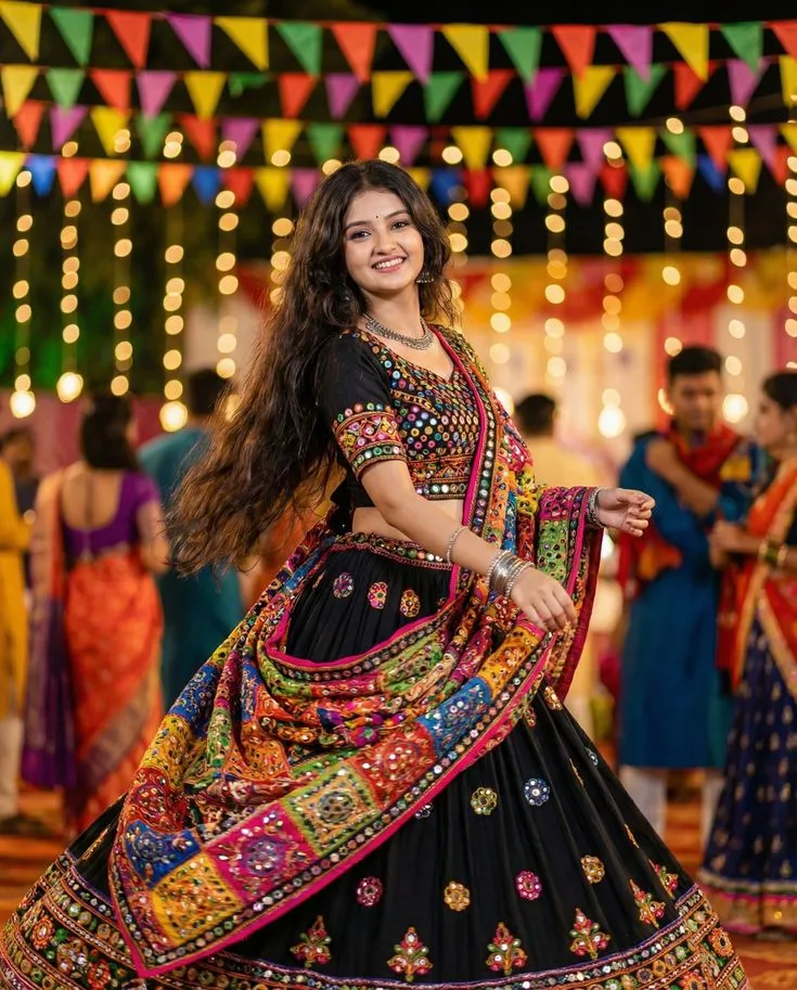 Festive Navratri Garba Portrait of Young Woman Spinning in Black Mirror-Work Chaniya Choli