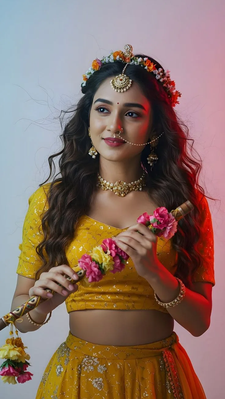 Devotional Radha Krishna-Inspired Portrait of Young Woman in Yellow Lehenga Holding Floral Flute
