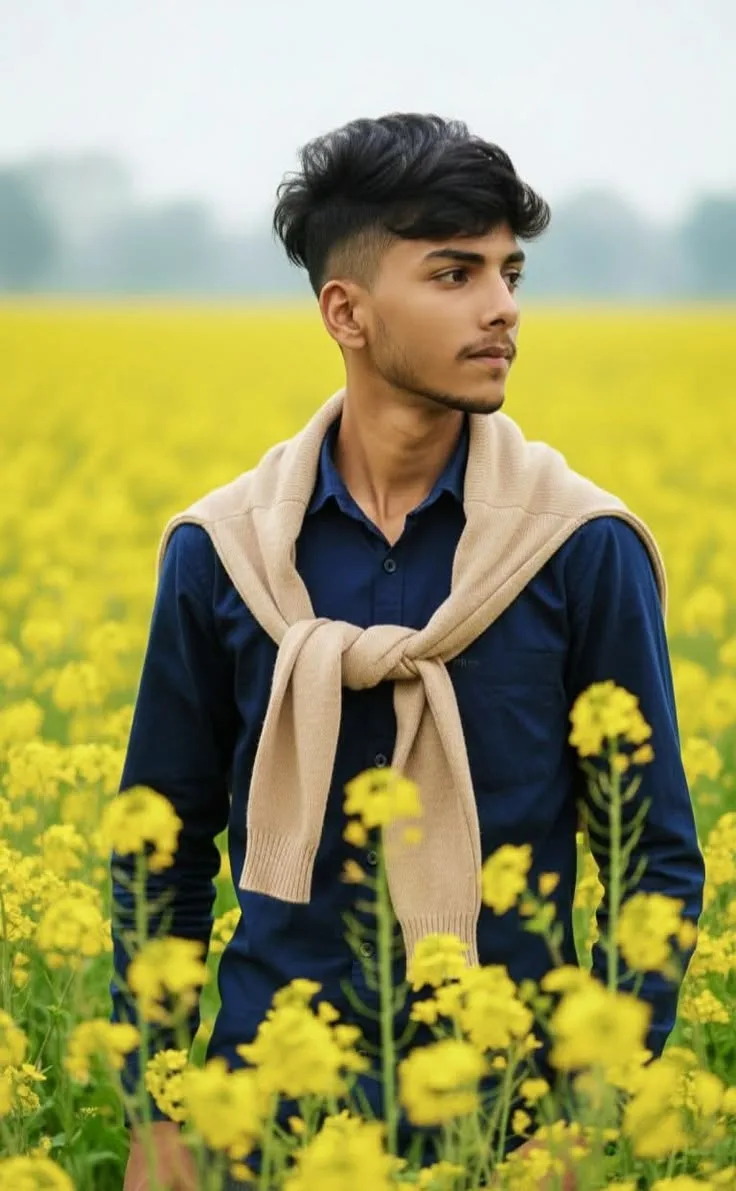 Candid Handsome Young Man in Mustard Field Wearing Blue Shirt and Knotted Sweater
