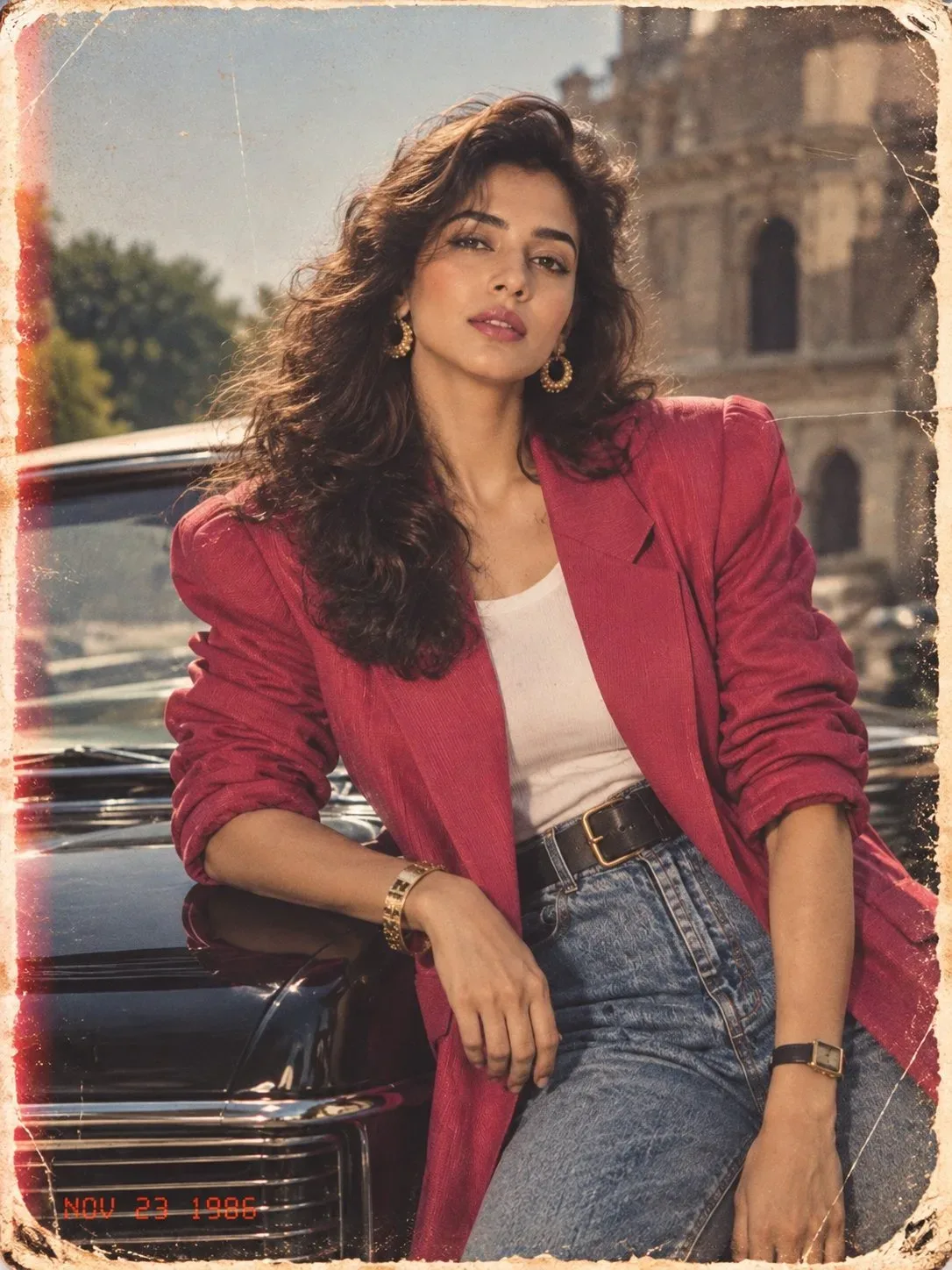 Retro 1980s Female Portrait Leaning on Classic Black Car in Magenta Blazer Prompt