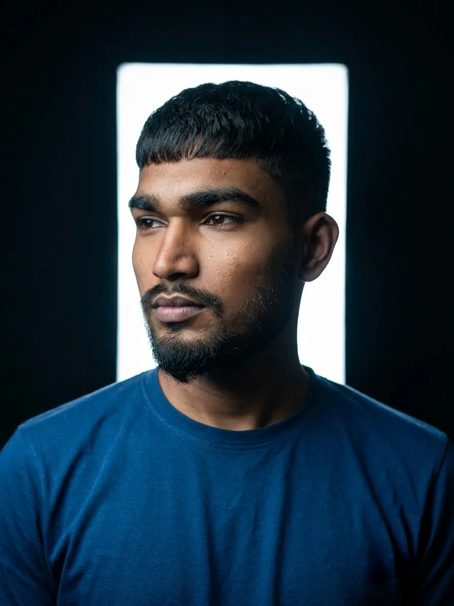 Minimalist Backlit White Panel Male Studio Portrait Prompt