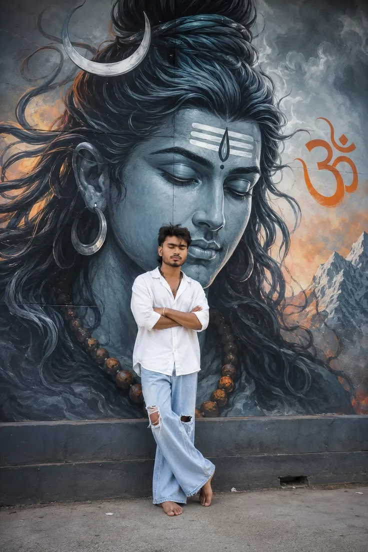Candid Full-Length Outdoor Portrait of Young Indian Man Against Lord Shiva Wall Mural