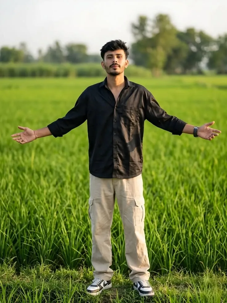 Candid Young Man Standing with Open Arms in Lush Green Rice Paddy Field