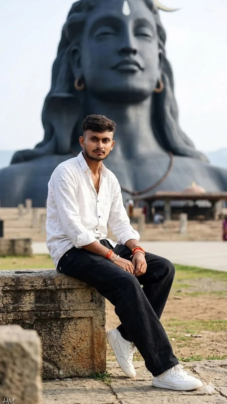 Candid Young Man in White Shirt Seated Before Giant Adiyogi Shiva Statue