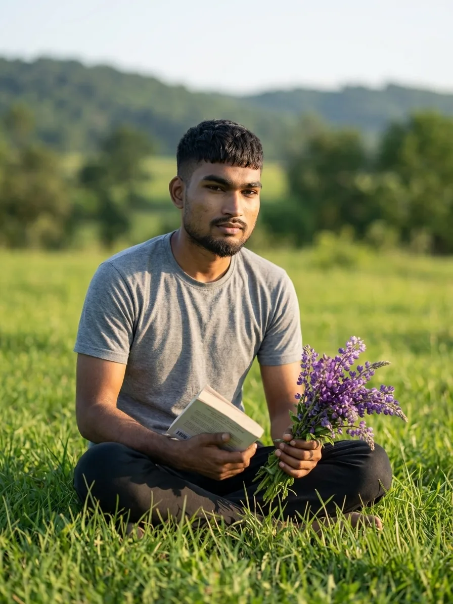 Serene Meadow Male Portrait Holding Book & Lavender Flowers Prompt