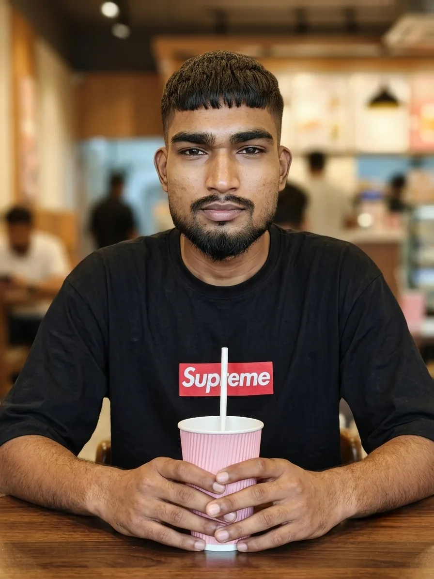 Frontal Cafe Portrait Seated with Drink Cup in Supreme Box Logo Tee Prompt