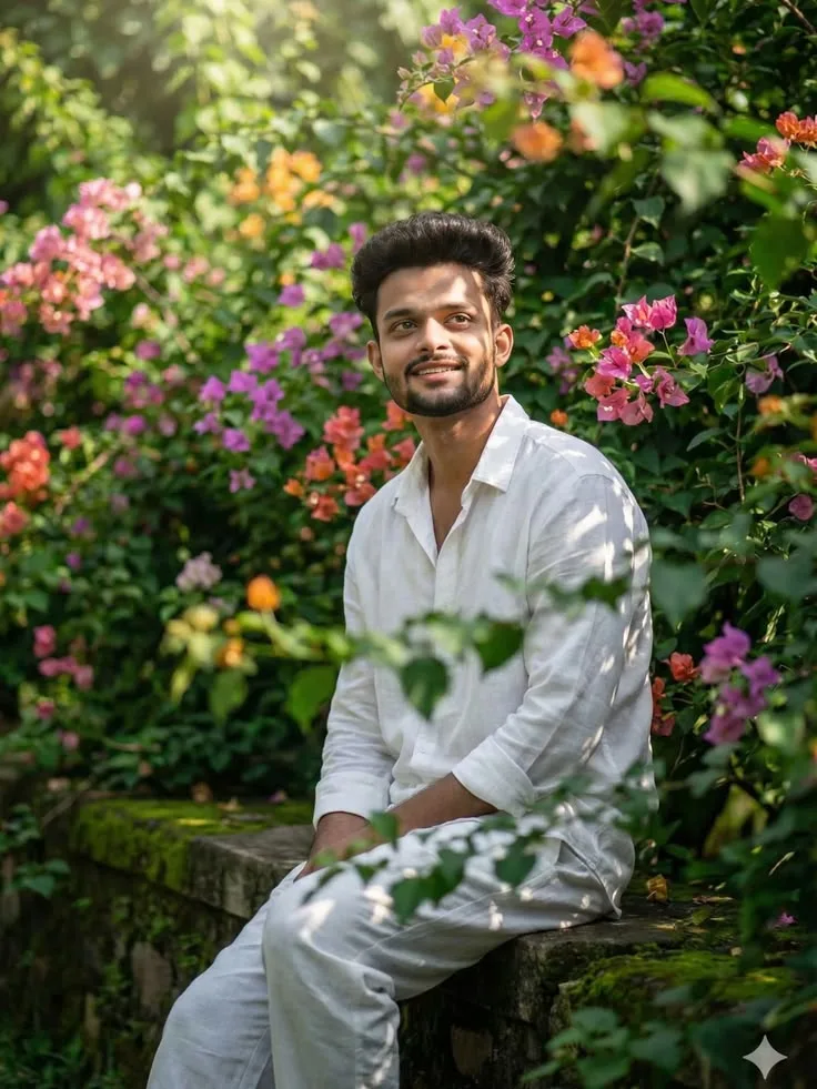 Candid Young Man in White Linen Shirt Seated in Blooming Bougainvillea Garden