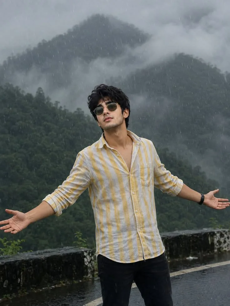 Candid Young Man Standing in Rain on Mountain Road with Open Arms