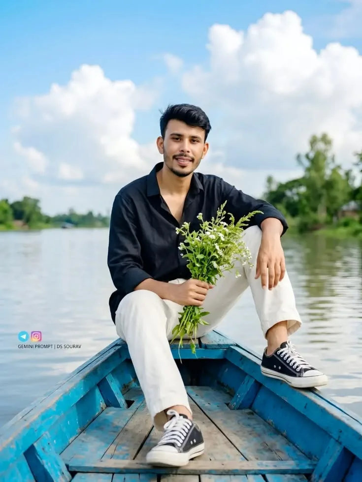 Candid Young Man in Black Shirt and White Trousers on Blue Wooden Boat