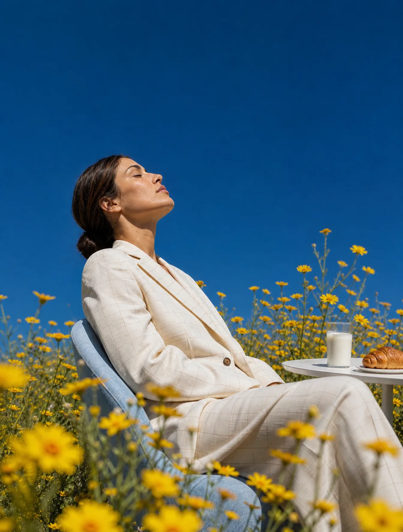 Serene Female Portrait Basking in Sunlit Yellow Wildflower Meadow Prompt
