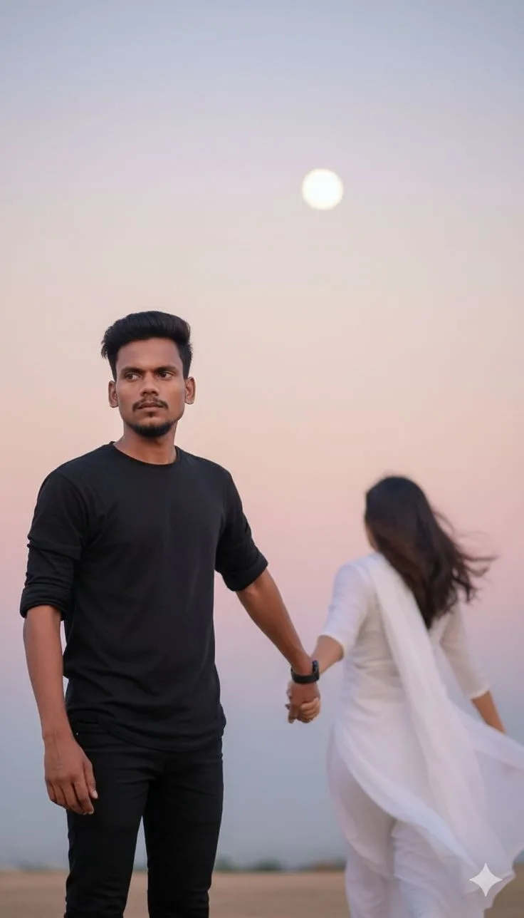Candid Couple Holding Hands Under Full Moon Twilight Sky