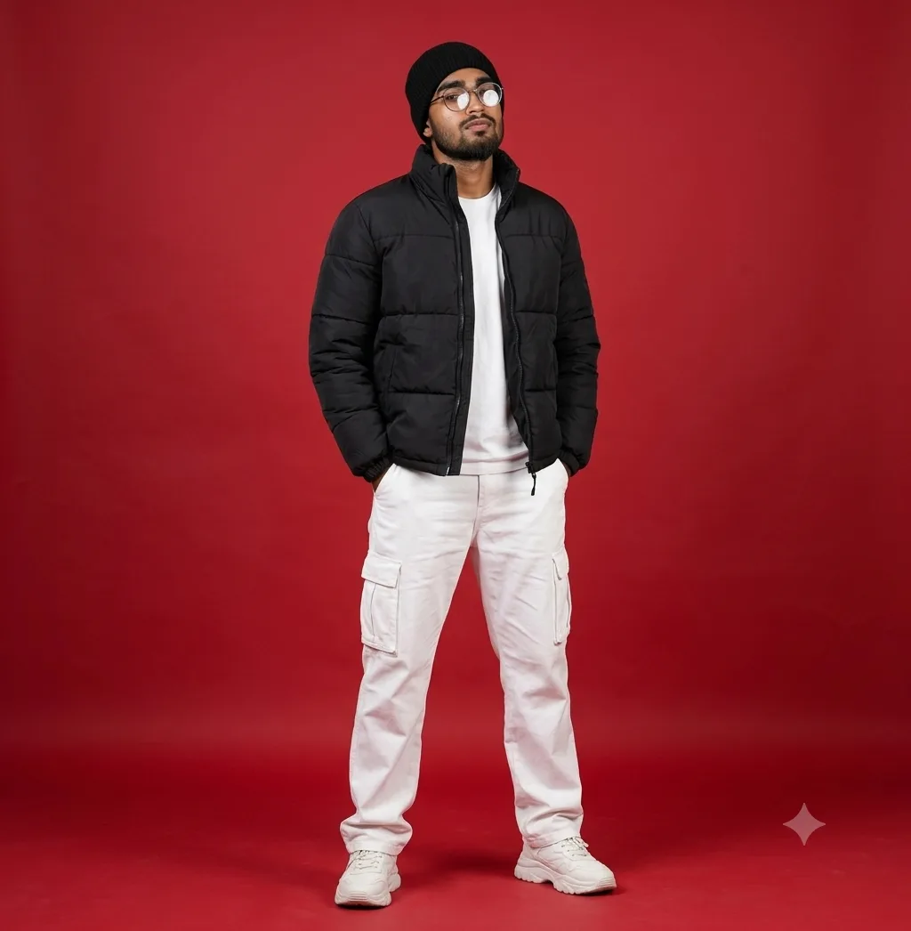 Full-Body Red Studio Male Fashion Portrait in Black Puffer & Cargo Pants Prompt