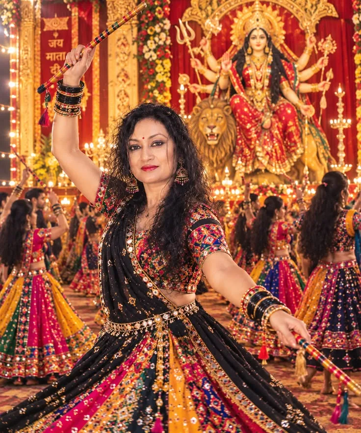 Festive Navratri Garba Dandiya Raas Portrait of Woman in Black Mirror-Work Chaniya Choli Before Maa Durga