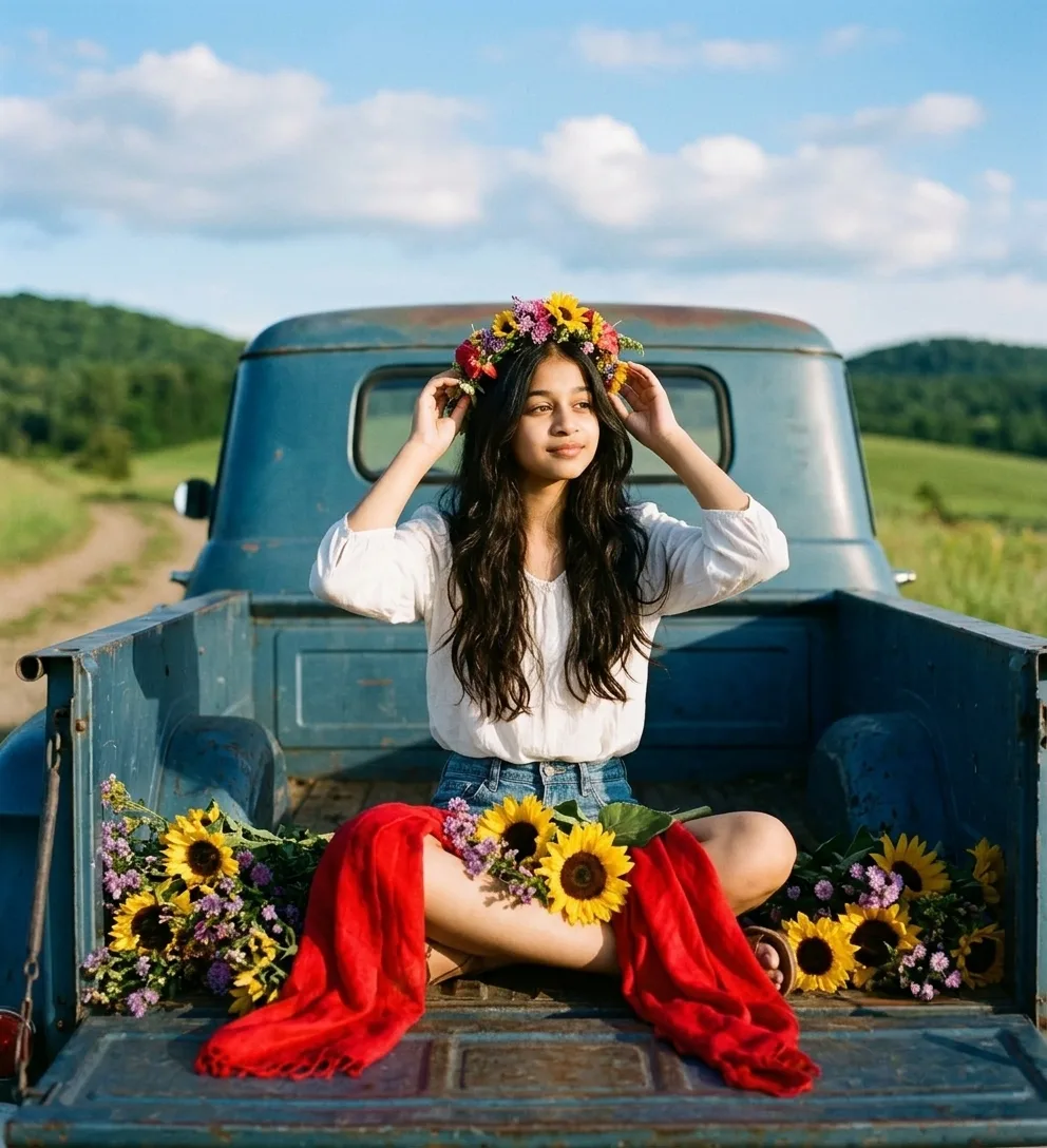 Rustic Countryside Female Portrait on Vintage Pickup Truck Bed with Flower Crown Prompt