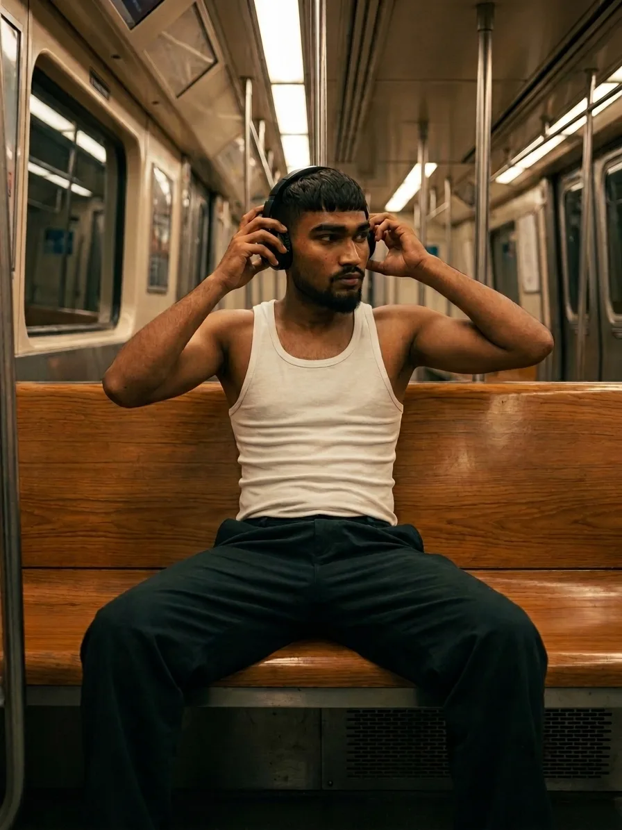 Retro Subway Carriage Male Portrait with Over-Ear Headphones Prompt