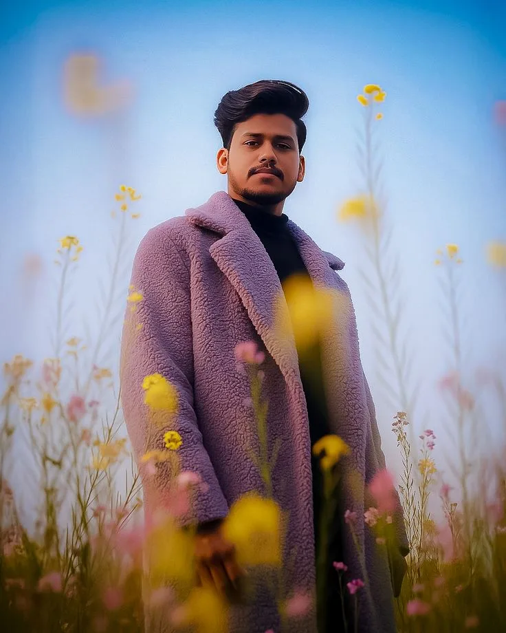 Candid Handsome Young Man in Lavender Sherpa Fleece Coat Standing in Wildflower Meadow