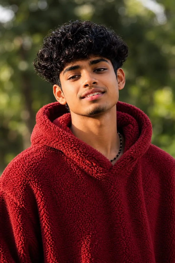 Candid Outdoor Chest-Up Portrait of Young Indian Man in Red Sherpa Fleece Hoodie