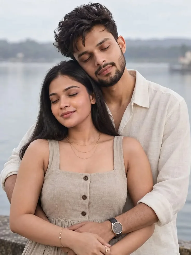 Romantic Couple Embracing by Lake with Peaceful Closed Eyes