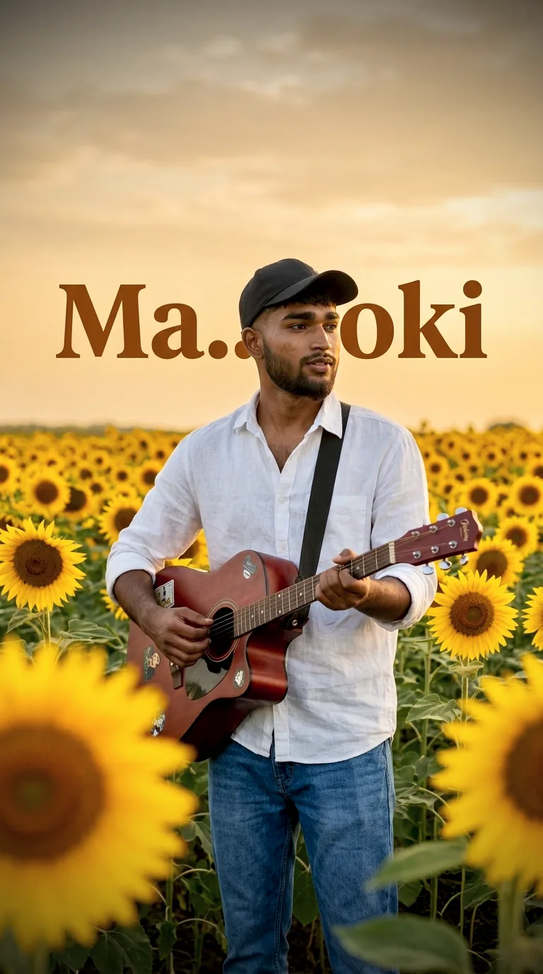 Cinematic Sunflower Field Male Guitarist Portrait with Masky Typography Prompt