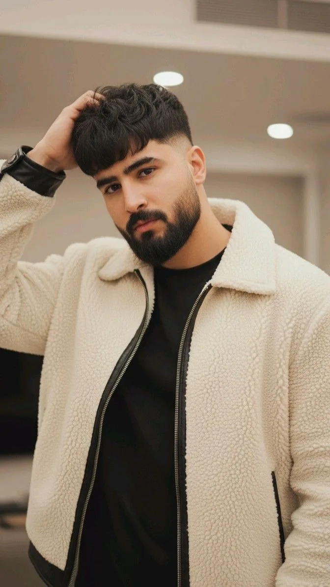 Candid Indoor Portrait of Young Man with Textured Fringe and Full Beard in Cream Sherpa Fleece Jacket