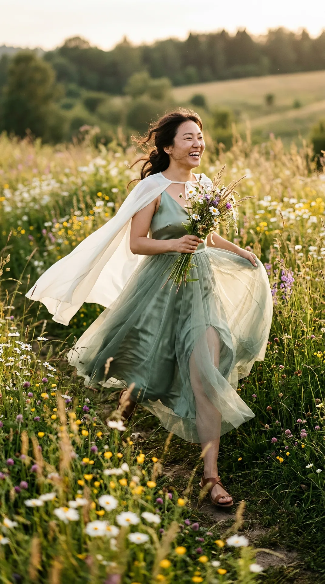 Joyful Woman Running Through Wildflower Meadow with White Capelet & Bouquet Prompt