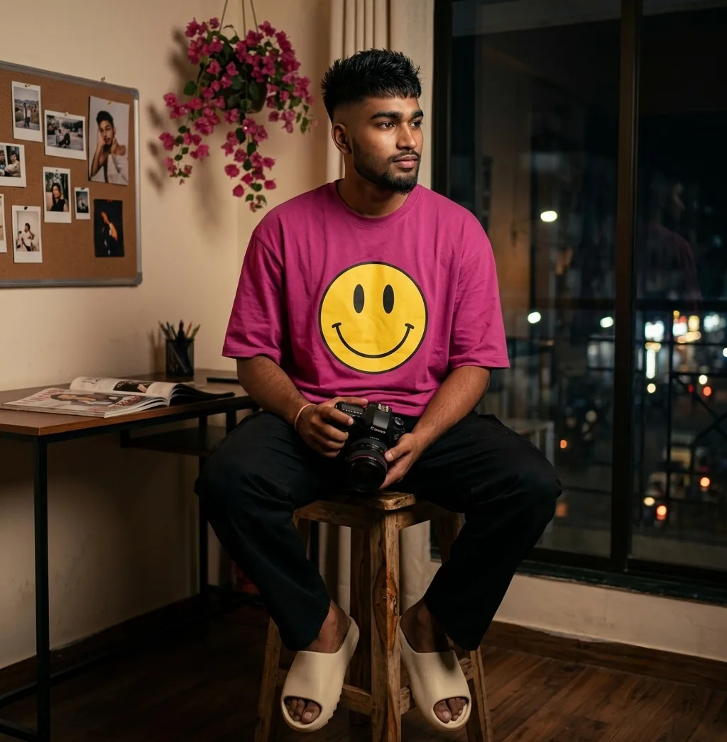 Moody Studio Male Portrait in Pink Smiley Tee Holding DSLR Camera Prompt