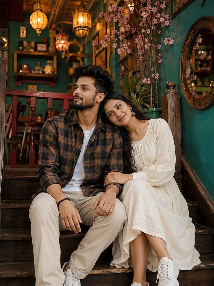 Romantic Couple Sitting on Wooden Steps in Cozy Moroccan Bohemian Cafe