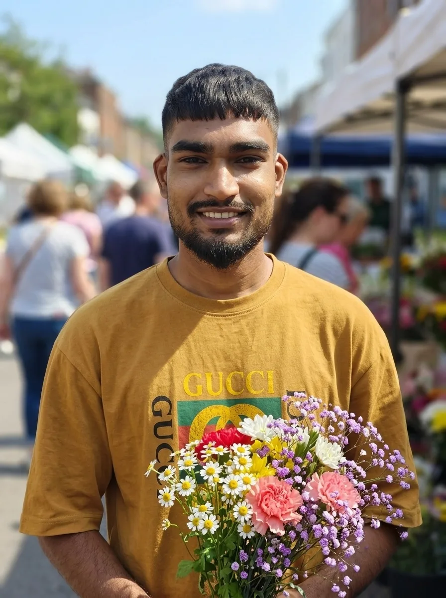 Aesthetic Sunlit Male Portrait Holding Colorful Floral Bouquet Prompt