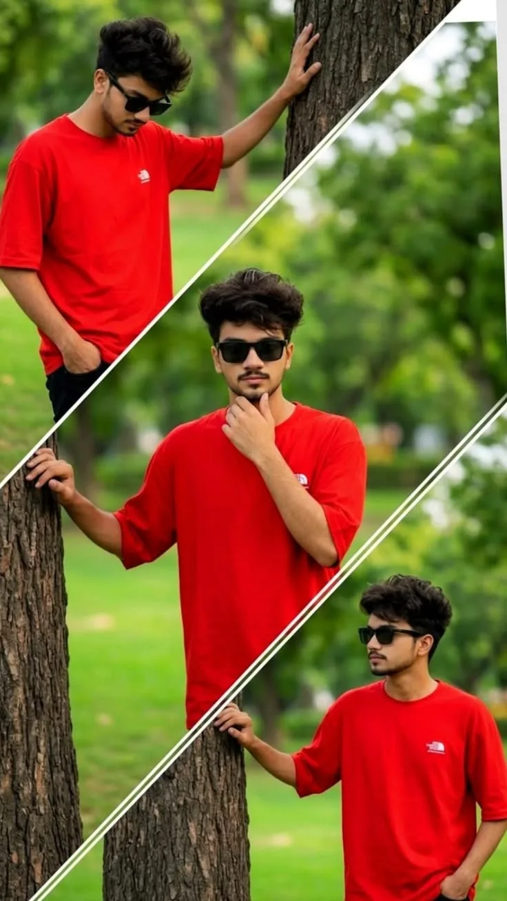 Candid Young Man in Red Oversized T-Shirt and Sunglasses by Tree Bark Multi-Panel Collage
